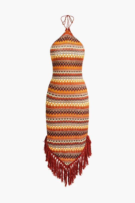 Glitter cocktail dress-Fringe and Colorful Pattern Bohemian Halter Midi Dress