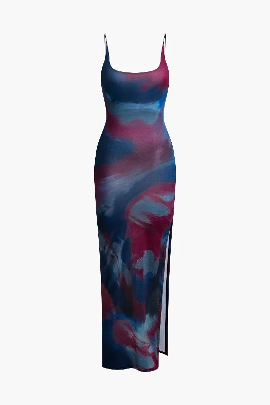 Velvet cocktail dress-Tie Dye Backless Slit Slip Midi Dress