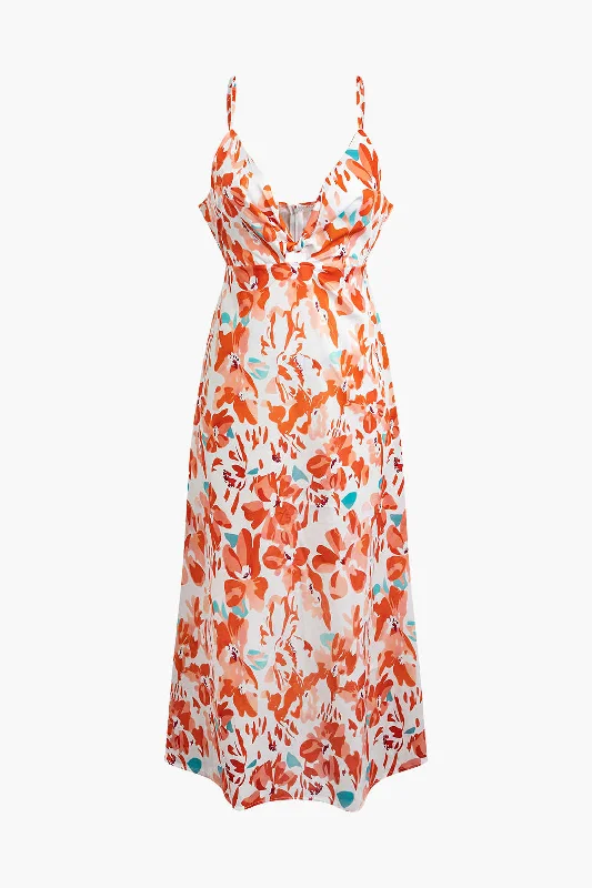 Velvet maxi dress-Tropical Blossom Print Slip V-neck Midi Dress