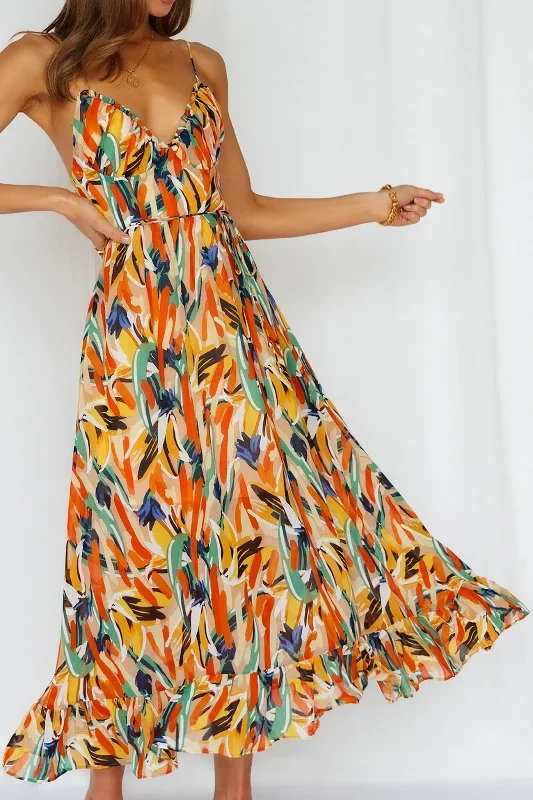 Halter neck party dress-Abstract Print Ruffle Trim Spaghetti Strap Midi Dress