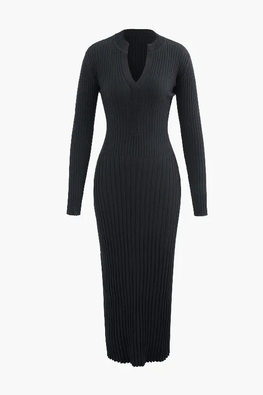 Tiered party dress-V-neck Frayed Hem Rib Knit Long Sleeve Maxi Dress