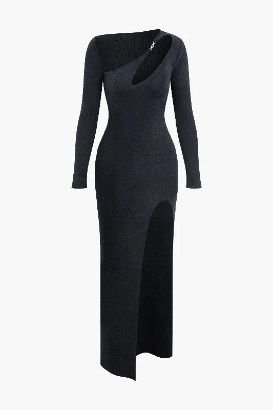 Purple evening dress-Asymmetrical Cut Out Long Sleeve Slit Knit Maxi Dress