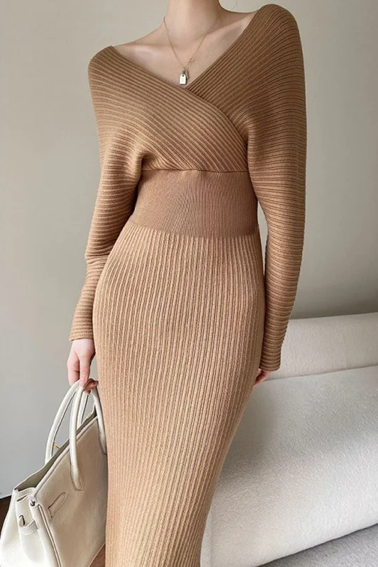 Tiered party dress-Solid Cross V-neck Long Sleeve Sweater Dress