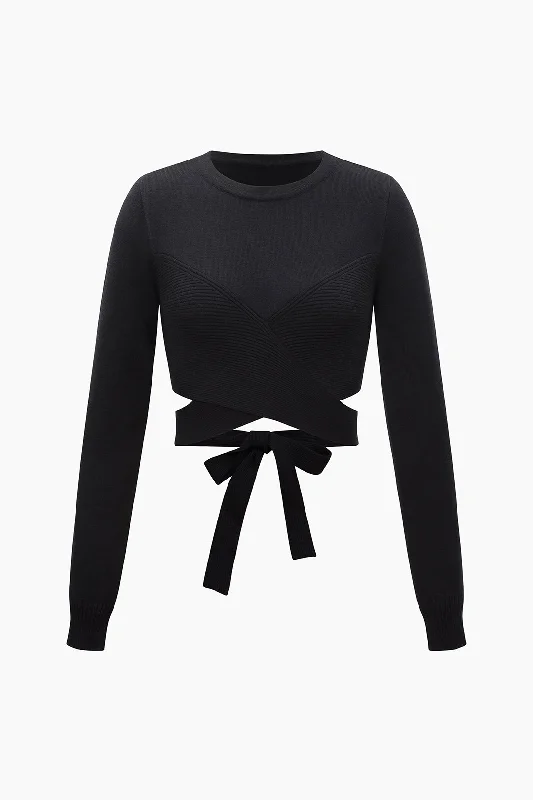 Ruched party dress-Cross Tie Long Sleeve Crop Top