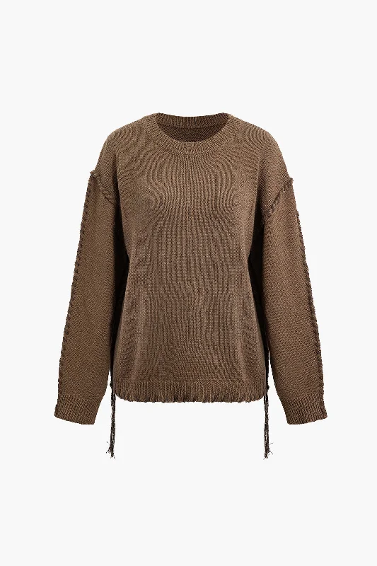 Pleated party dress-Round Neck Long Sleeve Knit Sweater