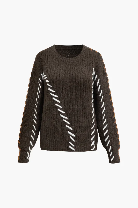 Striped cocktail dress-Contrast Whipstitching Pullover Long Sleeve Sweater