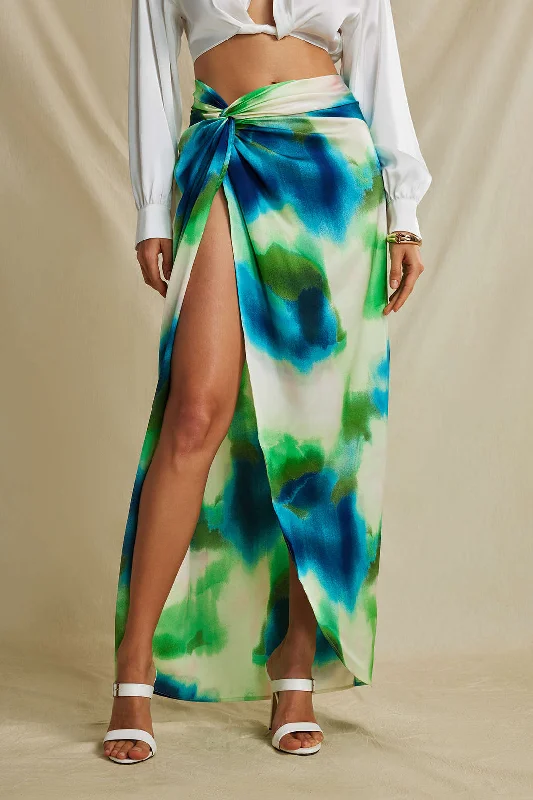 Halter neck cocktail dress-Tie Dye Twist Split Midi Skirt