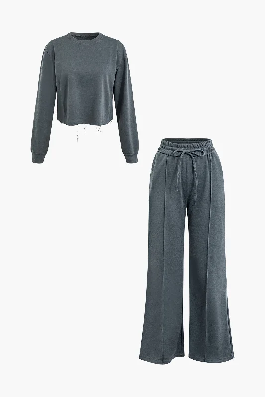 Tiered maxi dress-Frayed Hem Long Sleeve Sweatshirt And Drawstring Wide Leg Pants Set