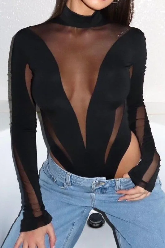 Satin prom dress-Patchwork Mesh Mock Neck Long Sleeve Bodysuit