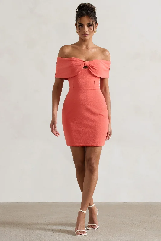 Short sleeve sundress-Megan | Coral Bow Bardot Mini Dress