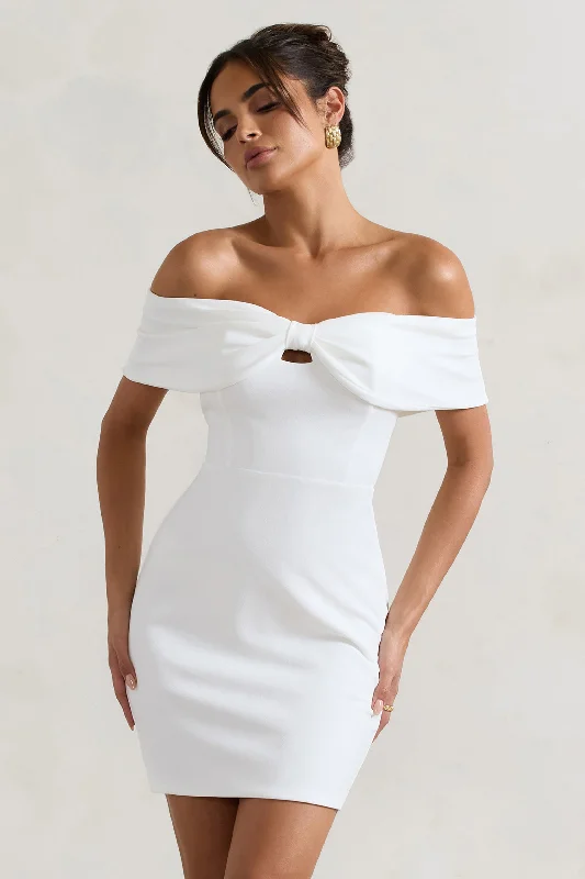 Long sleeve cocktail dress-Megan | White Bow Bardot Mini Dress