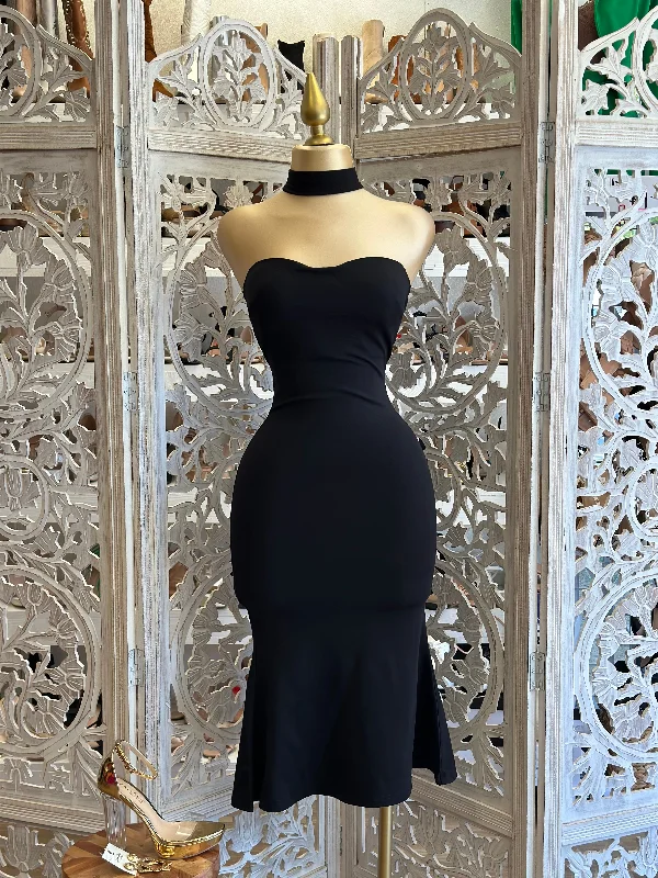 Velvet cocktail dress-Midi Black Choker Dress