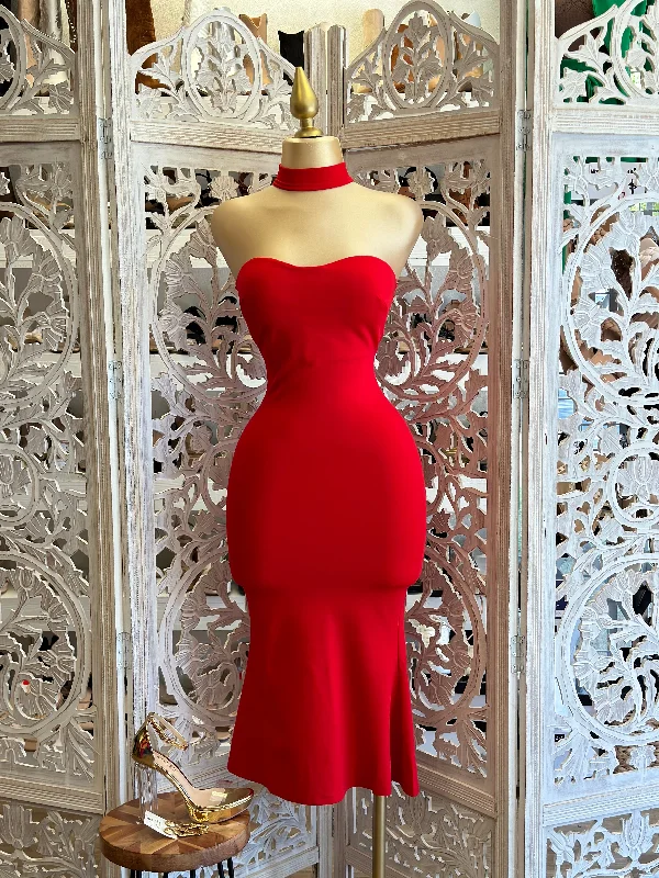 Smocked cocktail dress-Midi Red Choker Dress