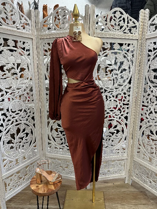 Off-shoulder evening dress-Midi Satin Bell One Sleeve Dress