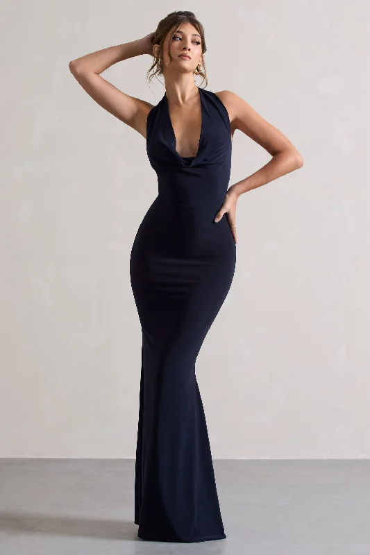 Ruched maxi dress-Milani | Navy Backless Cowl Neck Fishtail Maxi Dress