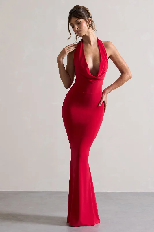 Short sleeve cocktail dress-Milani | Red Backless Cowl Neck Fishtail Maxi Dress