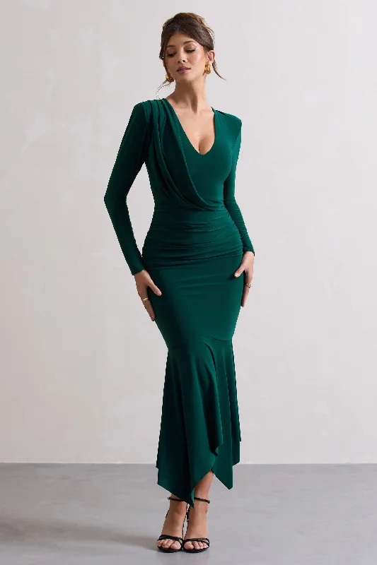 One-shoulder maxi dress-Milena | Bottle Green Plunge-Neck Maxi Dress With Draped Hem