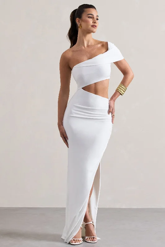 Velvet party dress-Milos | White One-Shoulder Cut-Out Maxi Dress With Split