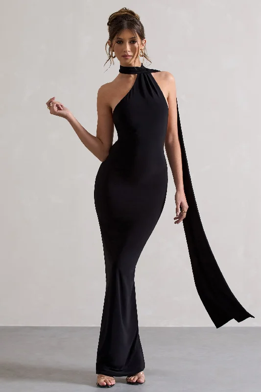 Casual cotton dress-Miss | Black One Shoulder Backless Maxi Dress With Scarf