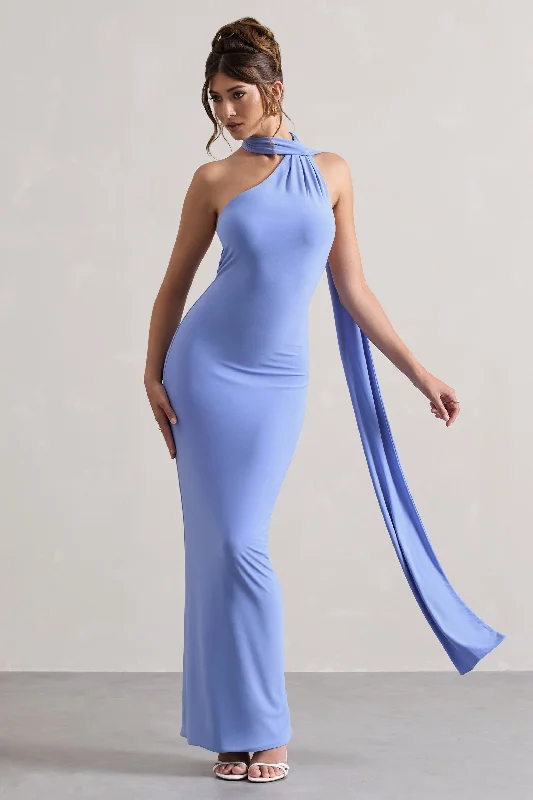 A-line midi dress-Miss | Pale Blue One Shoulder Backless Maxi Dress With Scarf