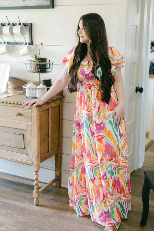 Lace sundress-Multicolored Marble Maxi Dress