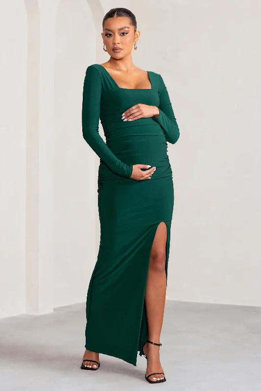 Navy blue dress-My Pleasure | Bottle Green Long Sleeve Square Neck Maternity Maxi Dress with Split