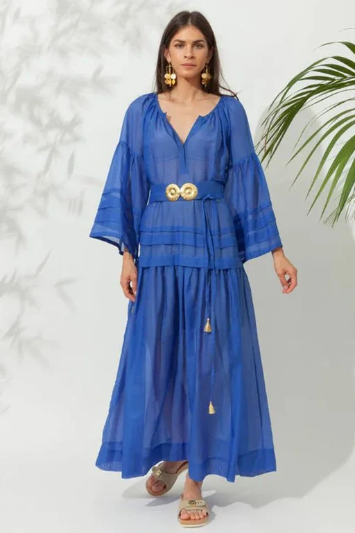 Corset cocktail dress-Mykonos Silk Cotton Long Dress W. Golden Buckles & Tassels Greek Blue