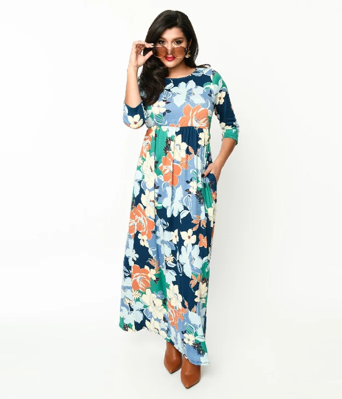 Ruffled maxi dress-1970s Navy & Multicolor Floral Knit Maxi Dress