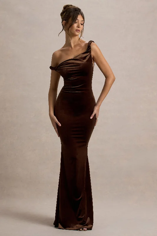 Glitter maxi dress-Neeka | Brown Velvet Twisted Asymmetric Maxi Dress