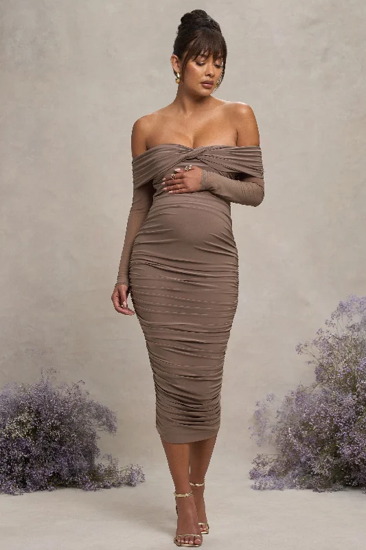 Tiered maxi dress-Neva | Mocha Bardot Twist Maternity Midi Dress