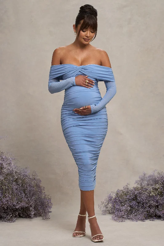 Orange party dress-Neva | Powder Blue Bardot Twist Maternity Midi Dress