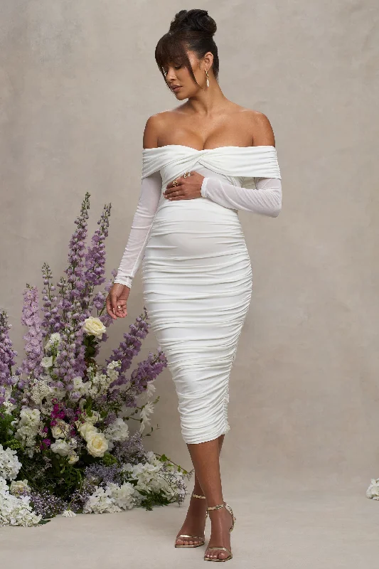 Puff sleeve dress-Neva | White Bardot Twist Maternity Midi Dress