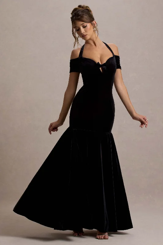 Floral evening dress-Nominee | Black Velvet Halter-Neck Maxi Dress