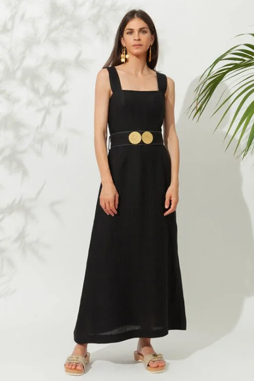 Tiered prom dress-Nonika Long Dress With Golden Buckles Black