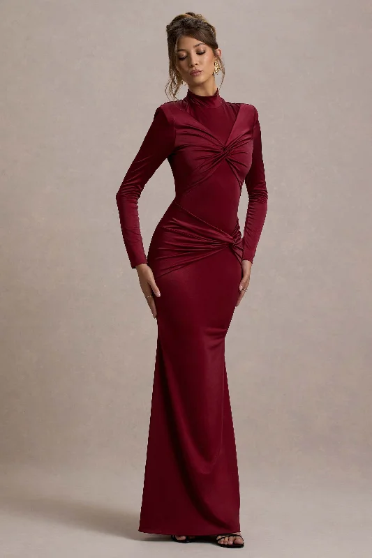 Short sleeve maxi dress-Noya | Berry Long-Sleeve Ruched Fishtail Maxi Dress