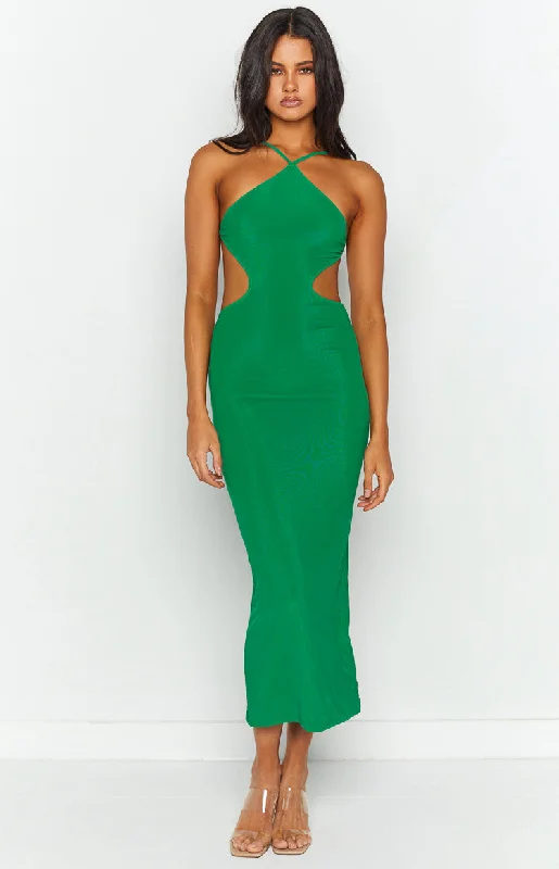 Polka dot party dress-Nyla Green Cut Out Halter Midi Dress