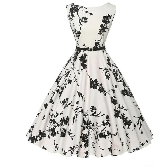 Floral cocktail dress-BerriesJam - O-Neck Audrey Hepburn Vintage Floral Print Dress