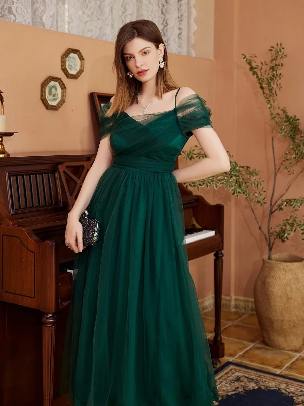 Velvet cocktail dress-BerriesJam - Off Shoulder Mesh Lace-Up Tea-Length Pro Dress