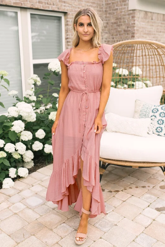 Button-down dress-Blush Off the Shoulder Button Down High Low Maxi