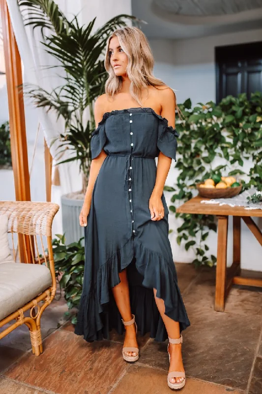 Tiered midi dress-Navy High Low Dress: Off The Shoulder Button Down Maxi