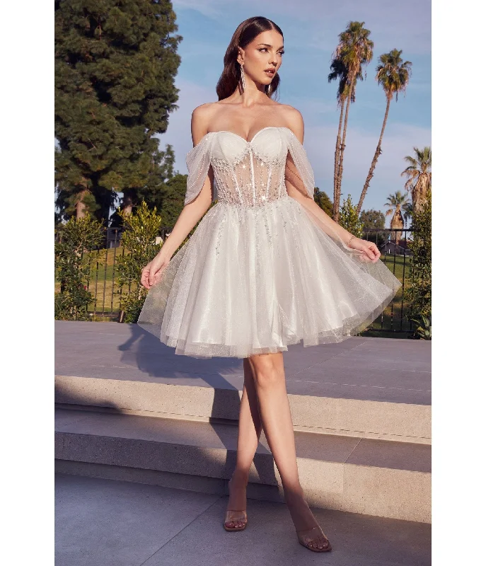 Corset prom dress-Cinderella Divine  Off White Glitter Tulle Off Shoulder Corset Mini Dress