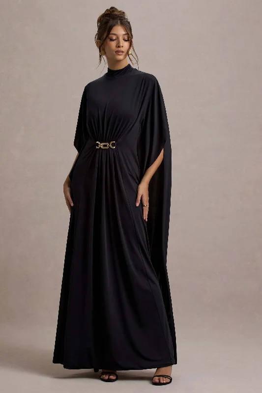 Pleated party dress-Olessia | Black Belted Gathered Cape-Sleeve Maxi Dress