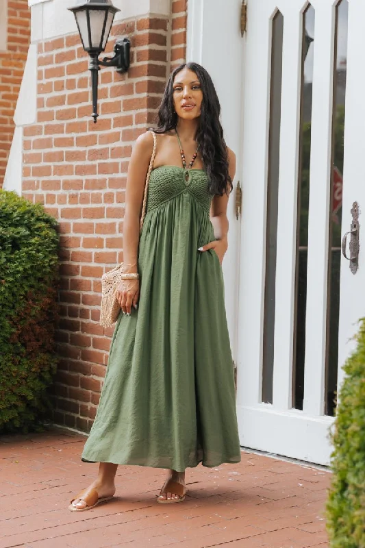 Off-white wedding dress-Olive Halter Beaded Ruched Maxi Dress - FINAL SALE