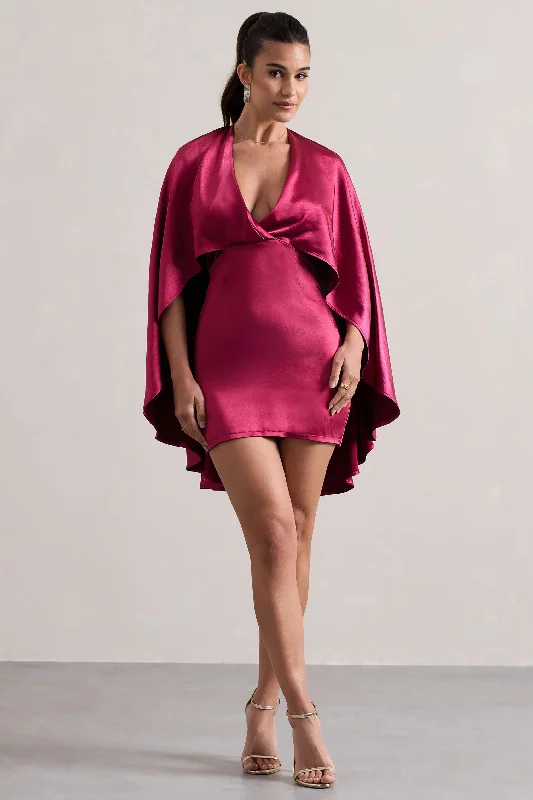 Glitter prom dress-Olsen | Raspberry Satin Plunge-Neck Cape Mini Dress