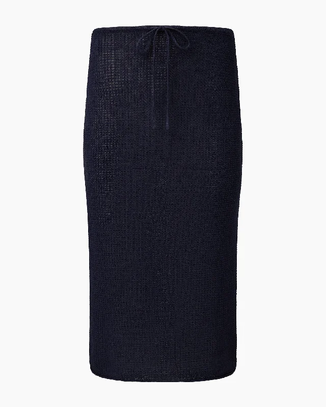 Striped shirt dress-Linen Knit Low Rise Midi Skirt | Deep Navy