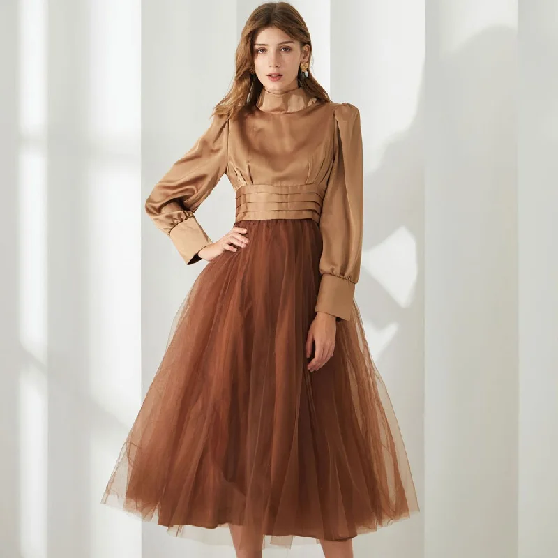 Short sleeve maxi dress-Opulent Two Tone Mock Neck Pleated High Waist Puff Sleeve Midi Dress