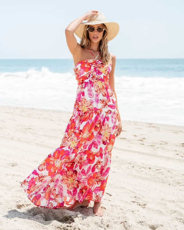 Short sleeve midi dress-Orange Floral Print Halter Maxi Dress - FINAL SALE