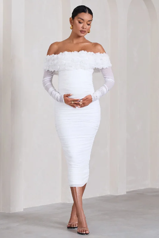 Striped cocktail dress-Orchid | White Ruched Mesh Floral Bardot Maternity Midi Dress