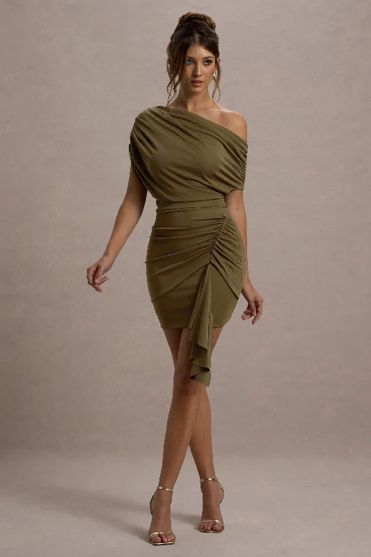 Striped sundress-Osmanthus | Khaki Asymmetric Draped Mini Dress