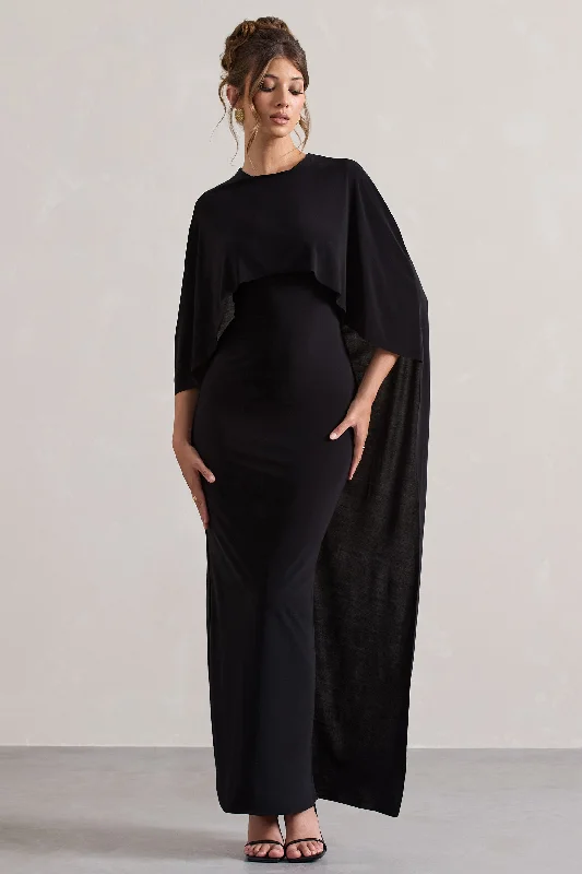 Polka dot midi dress-Palena | Black Draped Maxi Dress With Cape Sleeves